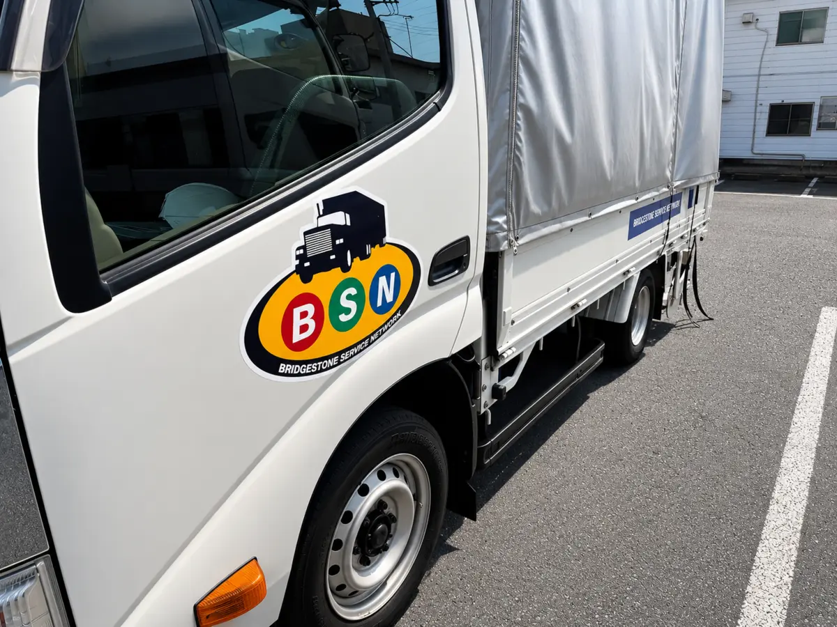 ブリヂストンサービスネットワークのロゴを掲げる東タイヤ商会の作業車